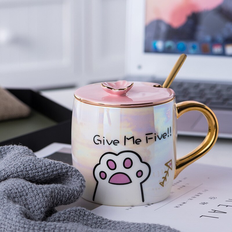 Cartoon Ceramics Mug With Lid and Spoon Coffee Milk Mugs Cute Creative Breakfast Cup